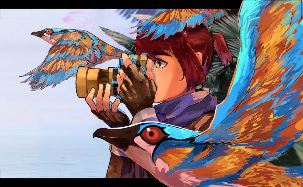 Art of Red haired Boy taking photos with colourful birds